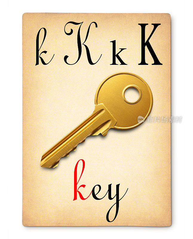 字母K -键。老式的字母卡片。